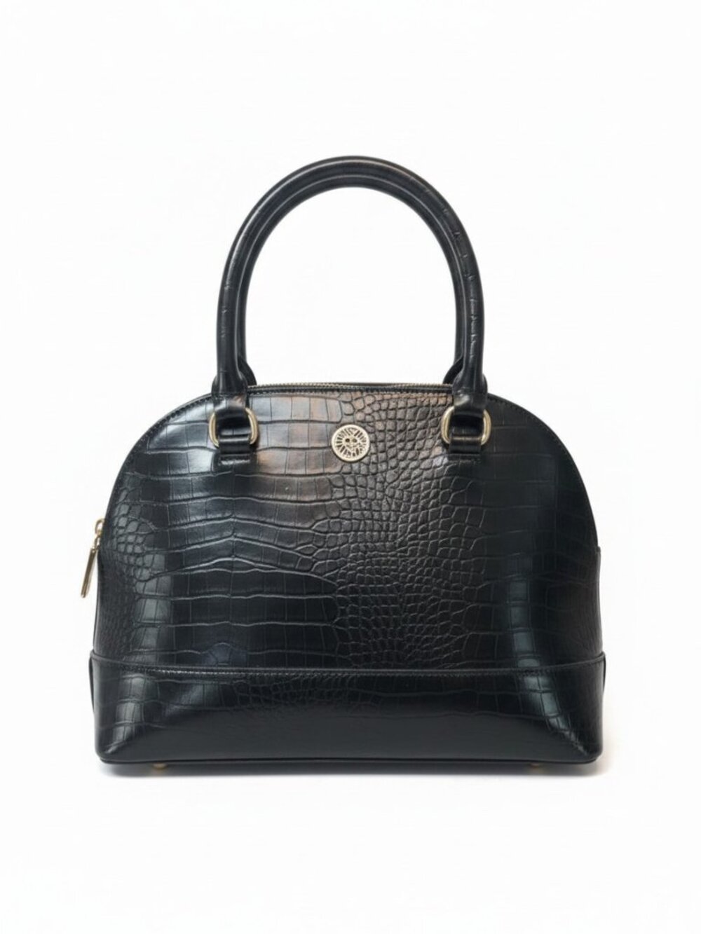 Anne Klein Triple Dome Classic Black Croc-Embossed Satchel Handbag